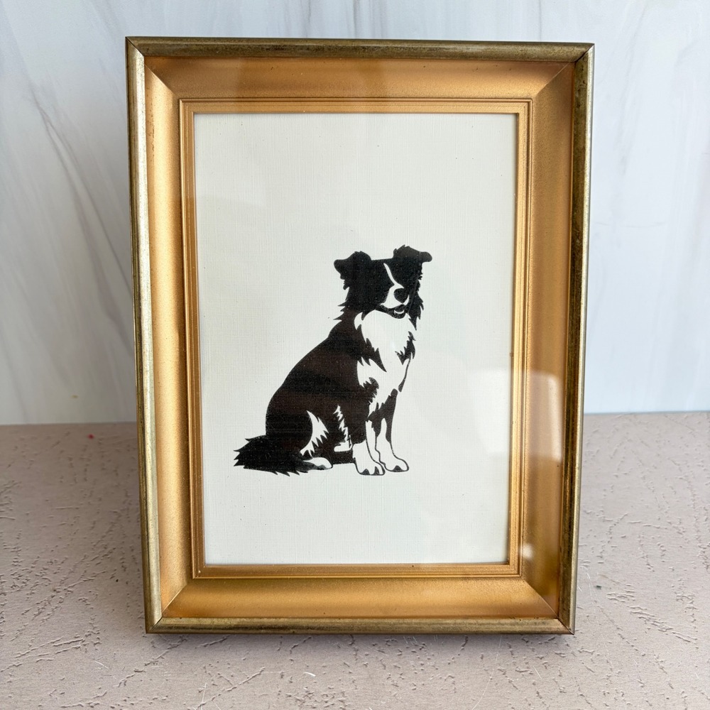 Vintage Border Collie Silhouette Art in Etched Gold Tone Metal Frame 6x8